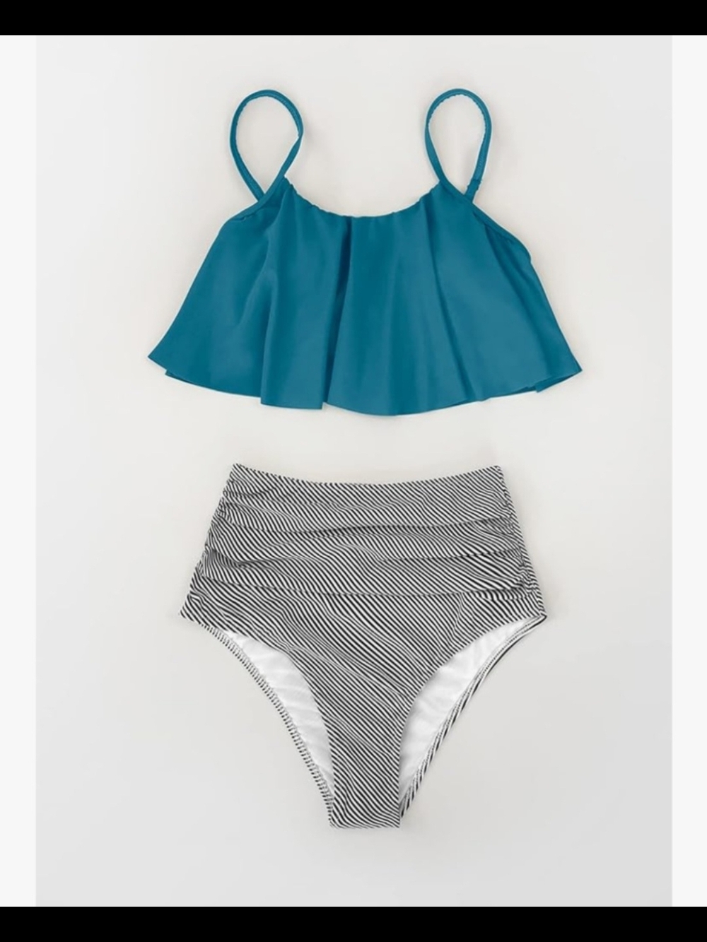 Cupshe-Teal Ruffle Flounce Bikini Top with High-Waist Striped Bottoms - Picture 5 of 5